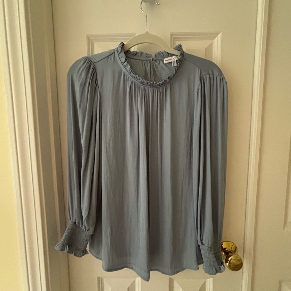 Blue Relaxed Ruffled Puff Sleeve Blouse